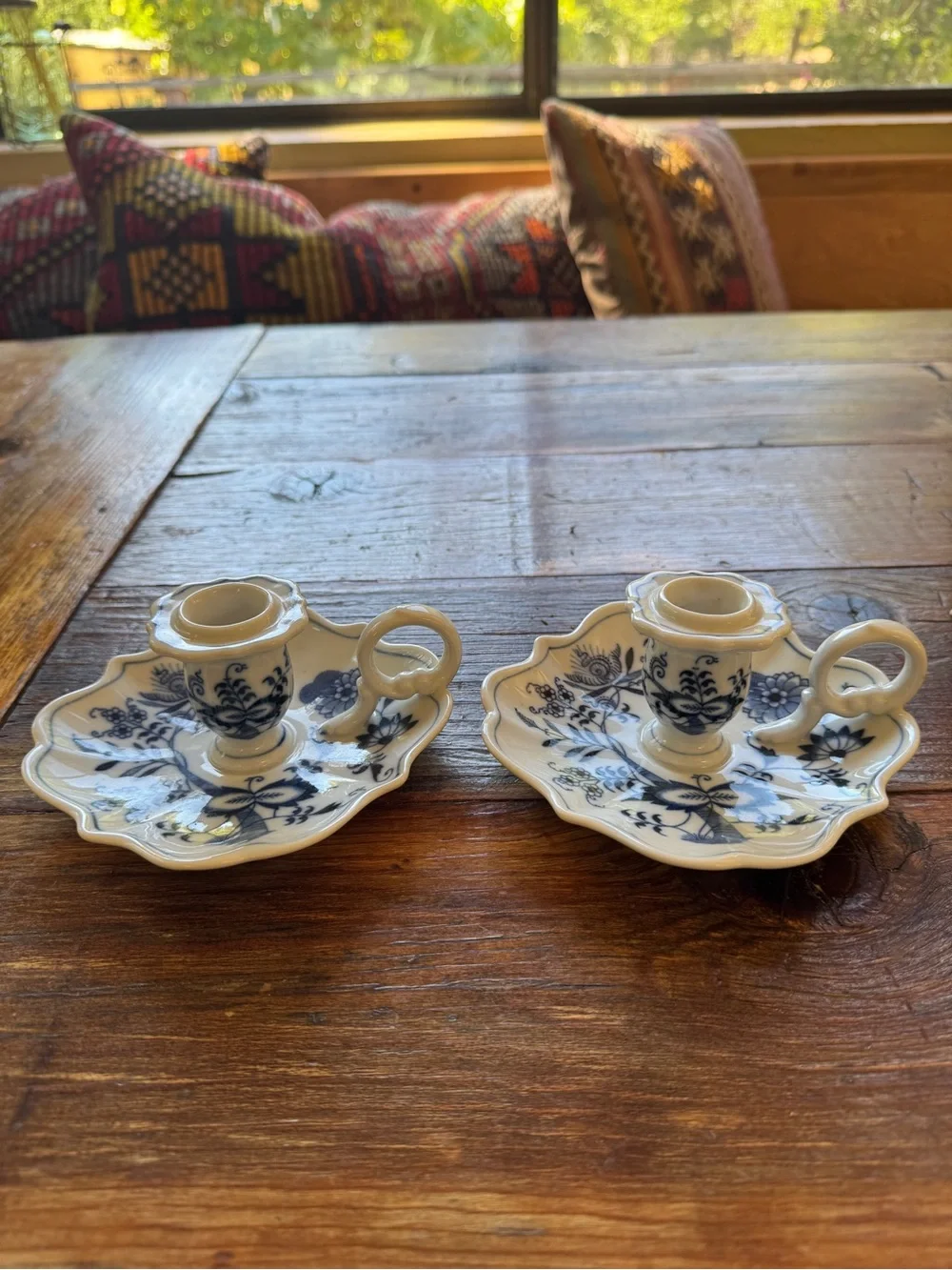 Blue Danube Blue Onion & White Porcelain Chamberstick candle sticks pair